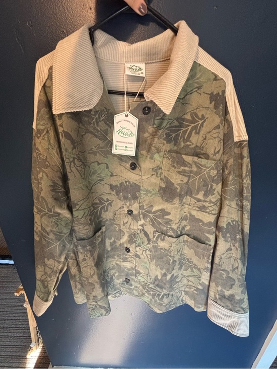 Jackets & Blazers - Denim Leaf Camo Print Utility Jacket with Cream Corduroy Collar
